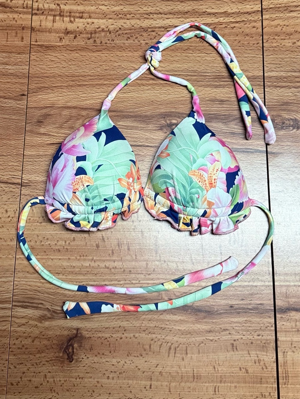 Women’s Floral Leaf Pastel Padded Bikini Top with Frill Ruffle Bottom Swimwear